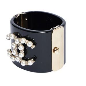 Chanel Black Pearl and Crystals Logo Cuff Bracelet